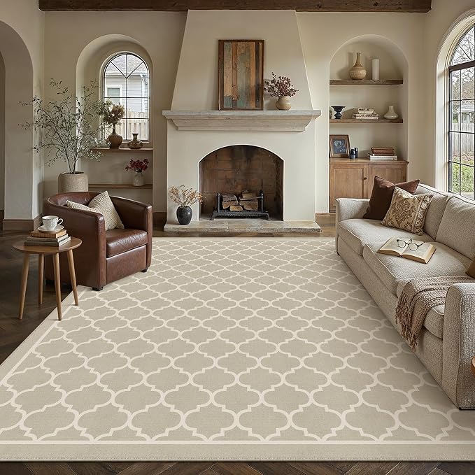 Beige 8x10 Washable Area Rug Living Room Non Slip Large Carpet | Soft, Low Pile, Easy Clean, Indoor Rugs for Bedroom, Office, Nursery, Dining Room, Kids Room, Modern Neutral Decor