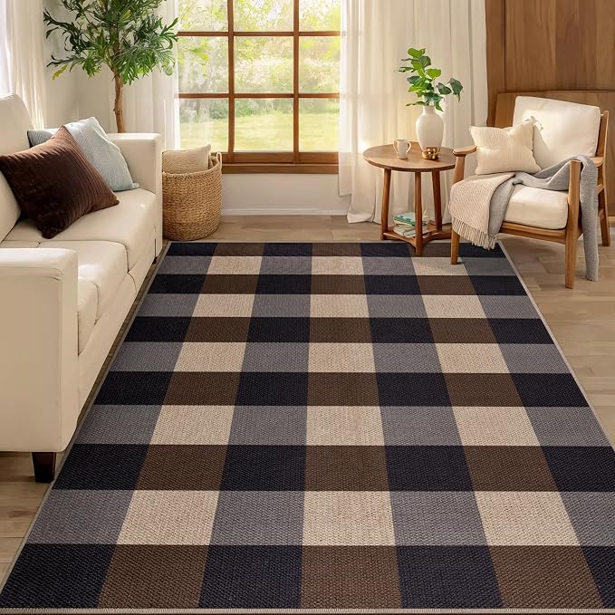 Tangsoo Checkered Easy Jute Rug,3x5 Washable Area Rug for Bedroom,Non-Slip Black Brown Indoor Outdoor Rug Modern Farmhouse Low Pile Carpet for Bedroom Patio Backyard Entryway