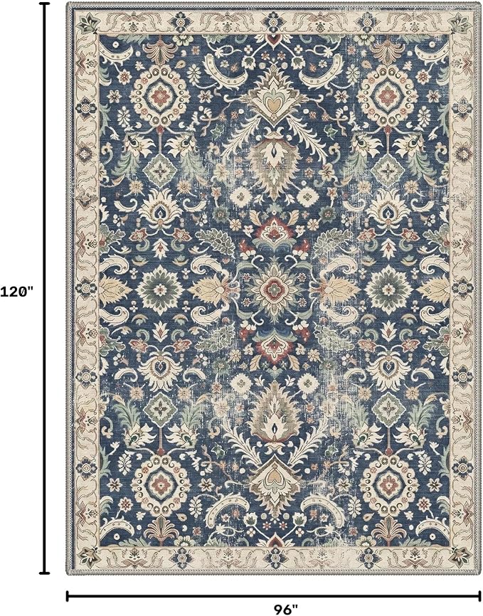 8X10 Living Room Area Rug, Boho Floral Washable Non Slip | Floral Vintage Rug for Bedroom Dining Room, Muted Navy Soft Low Pile Faux Wool, Stain Resistant Non-Shedding Pet-Friendly