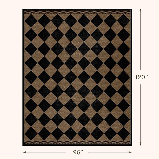 Easy Jute Checkerboard 8x10 Indoor Outdoor Area Rugs for Living Room Patio, Large Washable Non-Slip Checkered Outdoor Rug, Boho Diamond Geometric Pattern Black and Brown Bedroom Dining Room Carpet