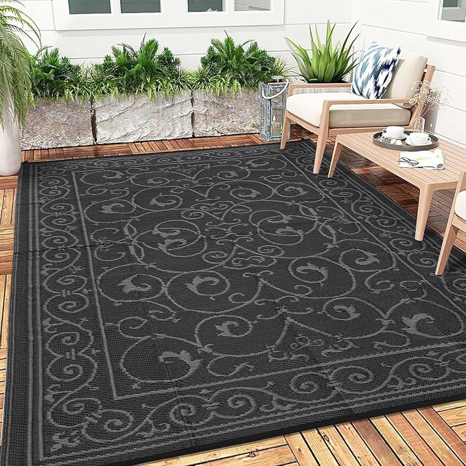 Garvee Outdoor Rug 9x18 Outdoor Patio Rug Reversible Plastic Straw Rugs Waterproof Foldable Mat Easy Clean Lightweight Carpet for Backyard Camping Porch RV Beach Balcony Deck Picnic Vintage Black