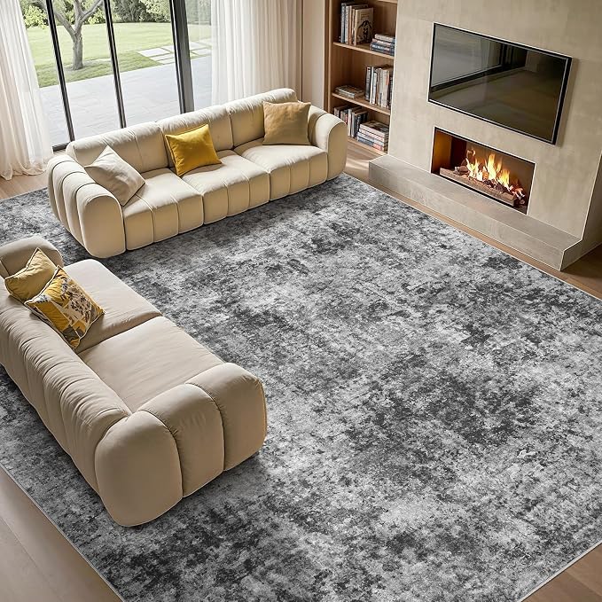 Tortania Washable 9x12 Area Rug for Living Room: Modern Abstract Neutral Large Soft Thin Rugs - Non Slip Indoor Carpet for Bedroom Dining Room Office Nursery Home Floor Decoration - Charcoal Grey