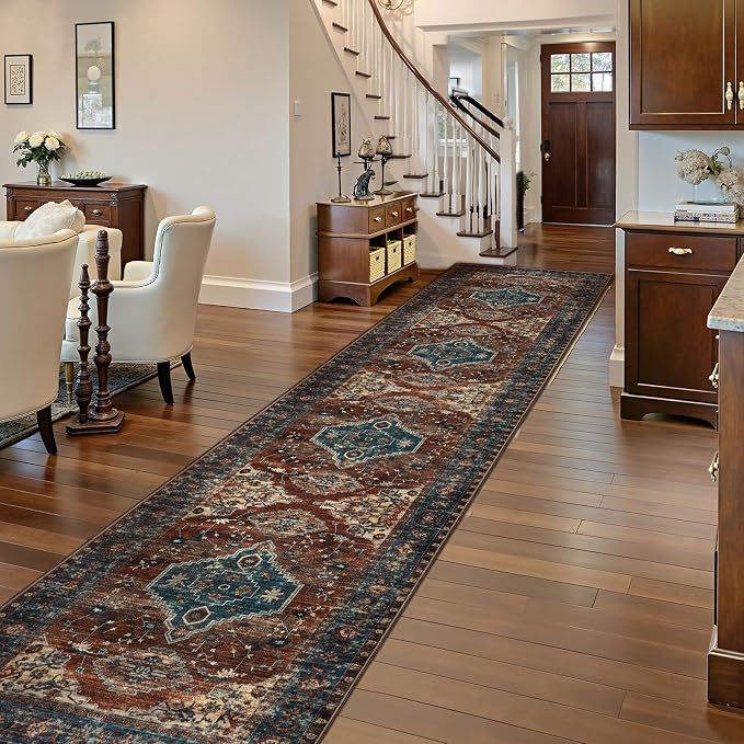 Tangsoo Oriental 2.6x14 Washable Runner Rug for Hallway Non Slip Runner Rug | Vintage Soft Low Pile Long Rug Runners, Boho Print 14ft Carpet Runners for Kitchen Bedroom Entryway Living Room Rust Blue