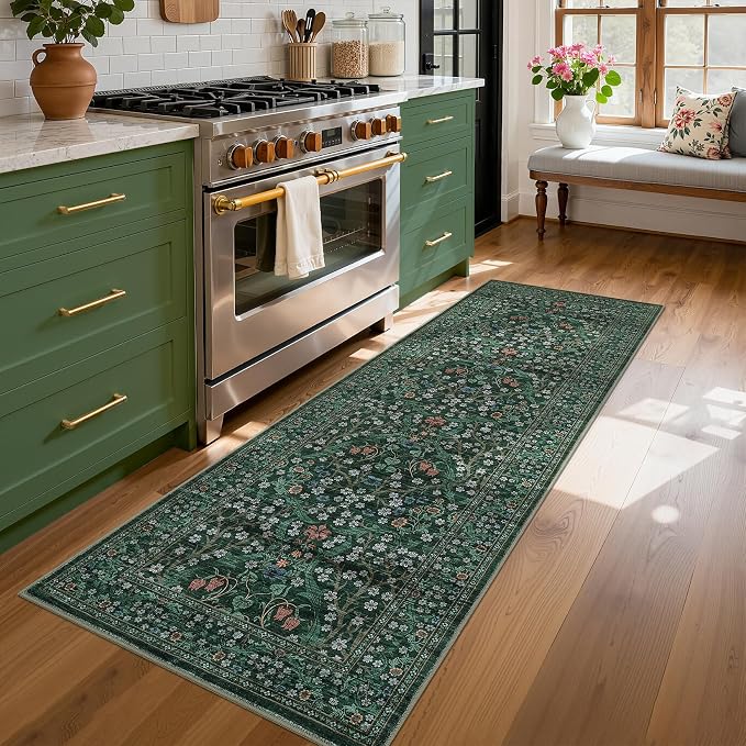 GarveeHome Dark Green Floral 2x6 Washable Kitchen Runner Rug | Vintage Stain Resistant Rugs for Entryway Hallway Bedroom Bathroom Low-Pile Non-Slip Soft Botanical Boho Rug TPE Backing
