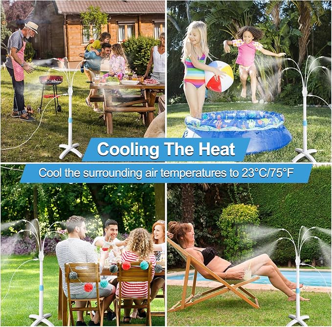 Misters for Outside Patio, Standing Misting Cooling System, Portable Water Mist Hose Kit for Outdoor, Adjustable Height & 5 Spray Nozzles for Backyard BBQ Cool Pool Tanning Garden Kids Having Fun.