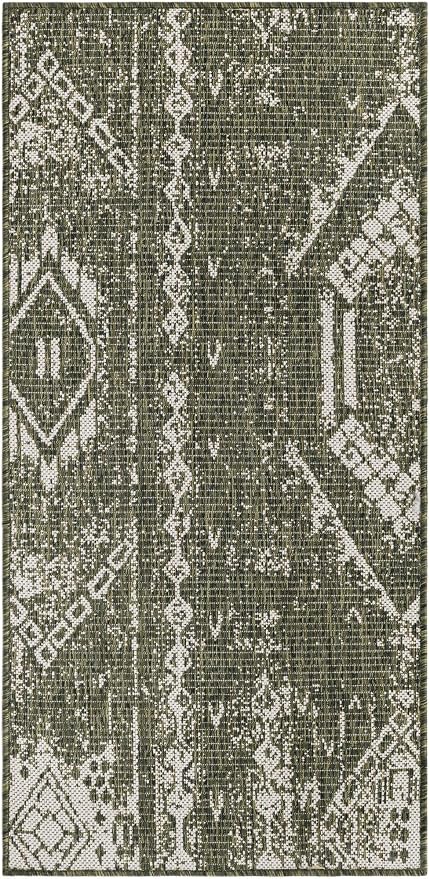 Unique Loom Outdoor Bohemian Collection Area Rug - Anthro (2' x 4' 1" Runner, Green/ Ivory)