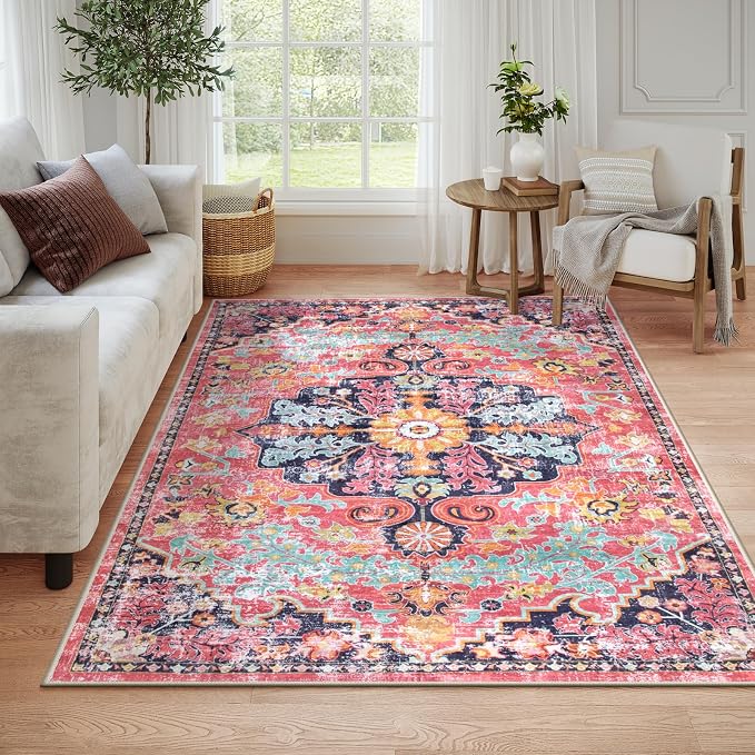 Lahome Reine 6x9 Area Rugs Machine Washable Area Rugs for Living Room, Non Slip Dining Room Rugs for Under Table, Large Bohemian Vintage Non Skid Indoor Carpet for Bedroom Home Office(6x9ft,Fuchsia)