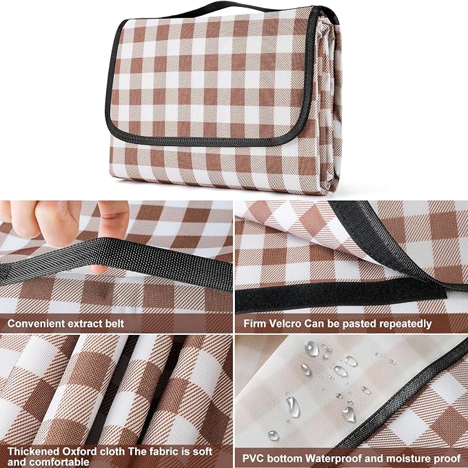 Large Picnic Blanket,78” x 118” Large Camping Blanket,with Handle,Waterproof and sandproof Bottom,Machine Washable,Outdoor Foldable Hiking Blanket,Portable and Easy to Clean (Coffee Grid)