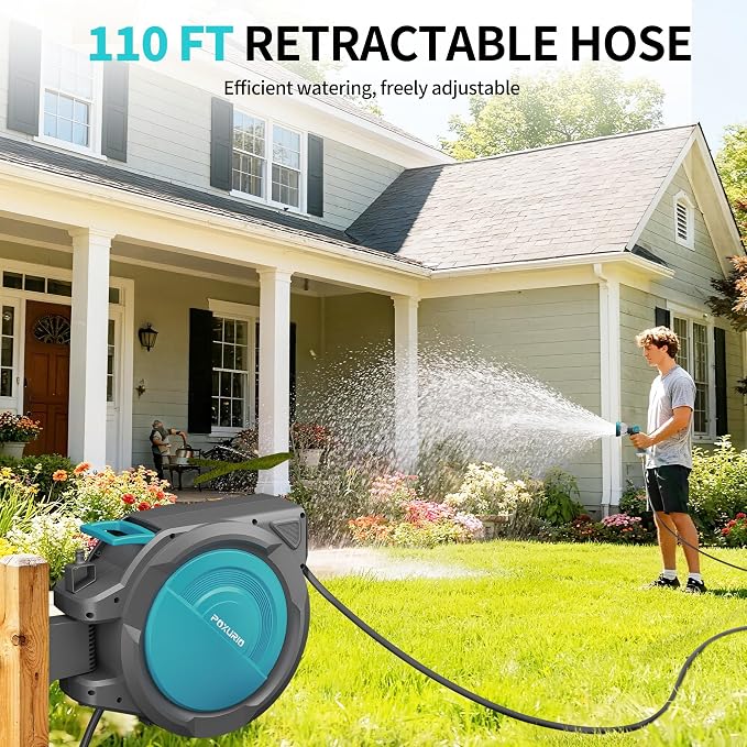 1/2" 110FT Retractable Garden Hose Reel, Wall Mounted Automatic Hose Reel with Upgraded 10 Pattern Nozzle/Any Length Lock/Slow Return System/180°Swivel Bracket, AquaBlue