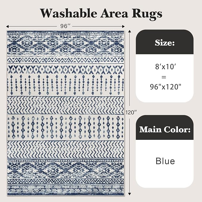 Art&Tuft Washable Rugs 8x10, Area Rugs for Living Room, Blue | Low Pile, Soft & Lighweight, Folable, Stain Resistant Indoor Floor Mat Moroccan Carpet for Bedroom, Dining Room, Home Office