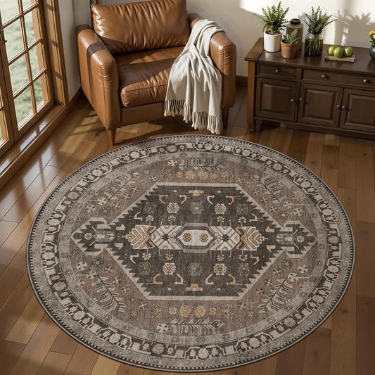Ciicool 4ft Round Area Rug for Entryway,Washable Soft Circle for Kitchen | Vintage Non-Slip Low-Pile Oriental Indoor Mat Soft Boho Entry Carpet for Bedside Living Room Laundry Bathroom Dining Room