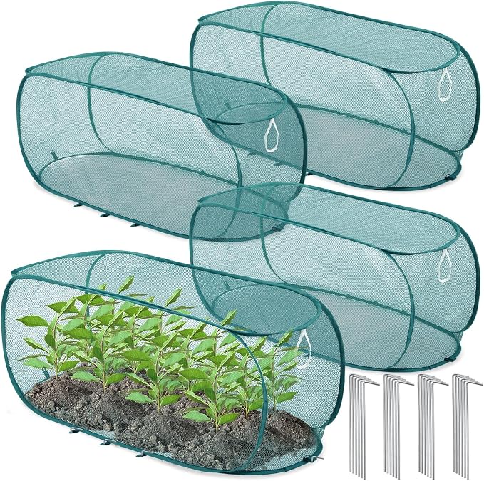 Threehoney 4 Pcs 39" x 18" x 16" Pop up Garden Mesh Plant Cover Outdoor Plant Protector Garden Row Raised Bed Cover with Ground Nails Crop Cage Net for Seedlings Vegetable Fruit Herbs (Dark Green)