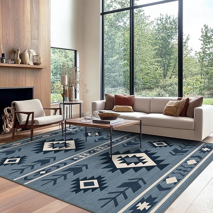 8x10 Area Rug for Living Room Western Rug Southwestern Aztec Tribal Rugs Southwest Navajo Machine Washable Non-Slip Printed Low-Pile Floor Carpet for Bedroom Dining Room Office, Blue