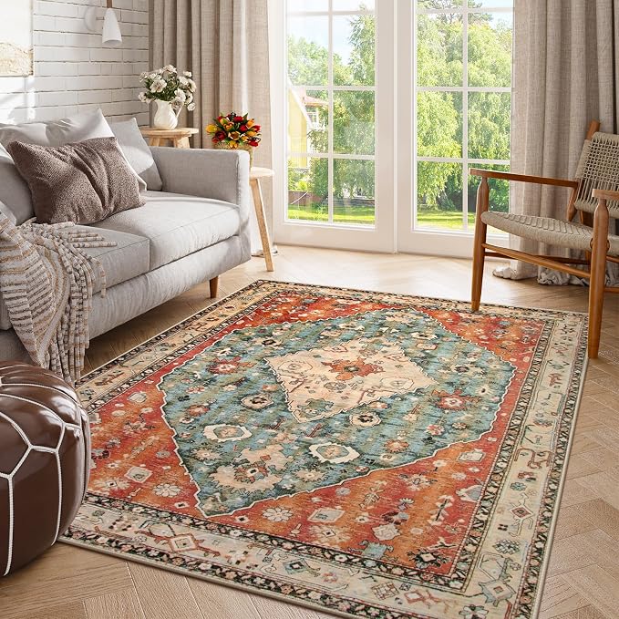 Lahome Felice Boho Tribal 5x7 Washable Living Room Bedroom Rug, Oriental Soft Dining Room Rugs for Under Table, Large Distressed Printed Carpet for Entryway Kitchen Playroom (Rust/Dull Teal,5x7ft)