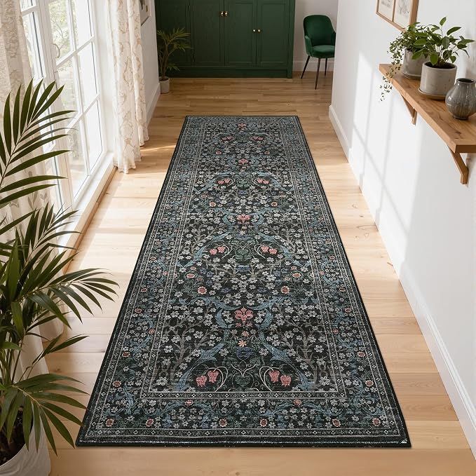 GarveeHome Dark Black Floral 2x6 Washable Kitchen Runner Rug | Vintage Stain Resistant Rugs for Entryway Hallway Bedroom Bathroom Low-Pile Non-Slip Soft Botanical Boho Rug TPE Backing