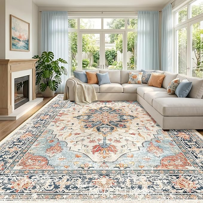 RELEANY Washable Area Rug, Large 10'x14', Beige/Blue/Orange | Non-Slip, Water Repellent, Pet Friendly, Easy to Clean, Vintage Floral Boho Decor for Living Room Bedroom Dining Room