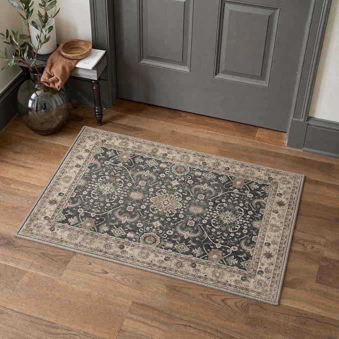 5X7 Area Rug for Living Room, Washable Boho Oriental Floral Non Slip | Easy Care Faux Wool Rug for Bedroom Dining Room, Dusty Taupe Vintage Floral Rug, Non-Shedding, Vacuum Friendly, Thin Indoor