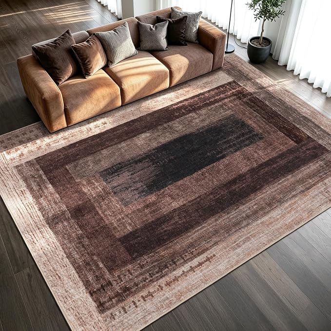 Neutral Geometric Brown 8x10 ft Large Rug for Living Room Bedroom | Contemporary Modern Area Rugs Vintage Non-Slip Soft Faux Wool Low Pile Indoor Carpet for Dining Room Office Home Decor