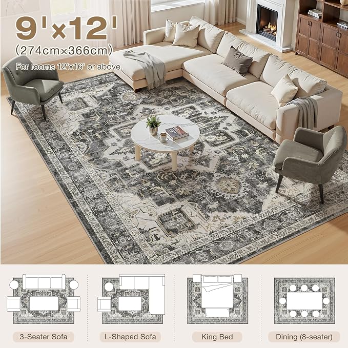 Vintage Washable 9x12 Area Rug for Living Room, Black | Soft Low Pile Rug with Non-Slip Backing, Stain Resistant for Bedroom or Dining Room, Kid & Pet Friendly