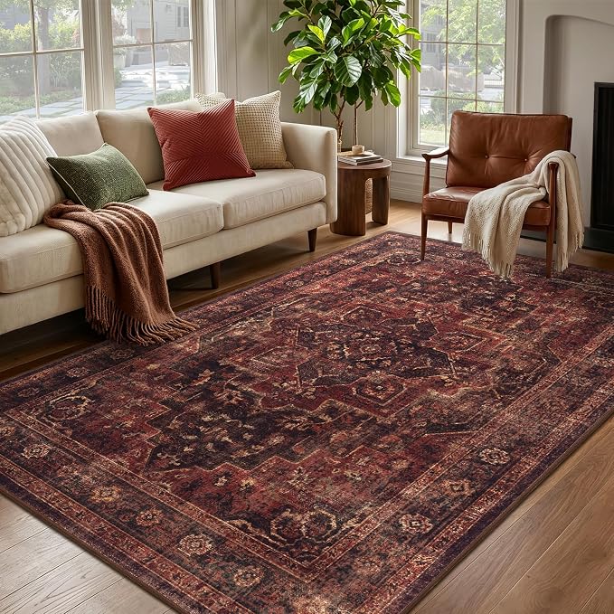 Dark Red 5x7 Area Rugs for Living Room, Washable Non Slip Bedroom Rug with Moody Distressed Medallion Printed, Traditional Oriental Low Pile Thin Carpet Rugs for Dining Room/Kitchen/Home Office