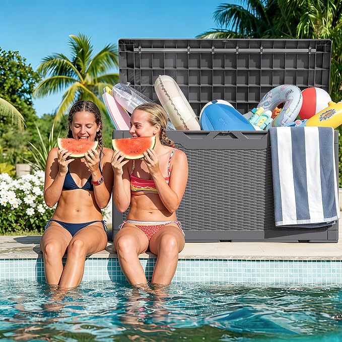 Greesum 100 Gallon Resin Deck Box Large Outdoor Storage with Cushions for Patio Furniture, Garden Tools, Pool Supplies, Weatherproof and UV Resistant, Lockable,Gray