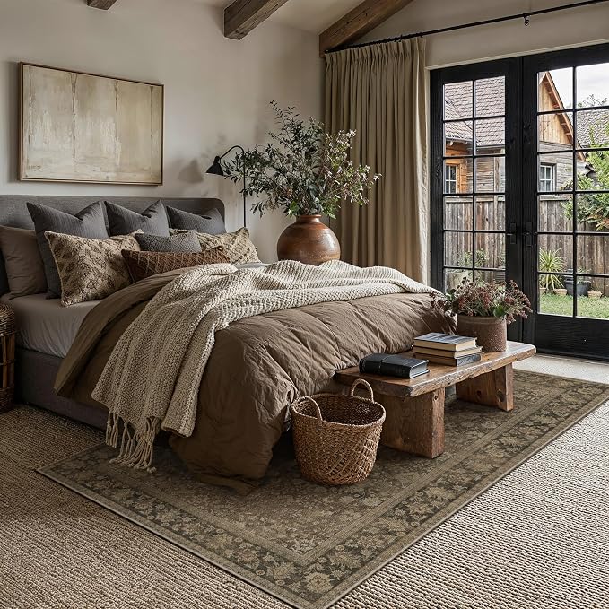 HUGEAR 6x9 Indoor/Outdoor Rug Brown Linen-Look Fabric Vintage Area Rug High Traffic Stain Resistant Easy Clean Durable Rugs for Living Kitchen Patio Deck Balcony Porch Garden Courtyard