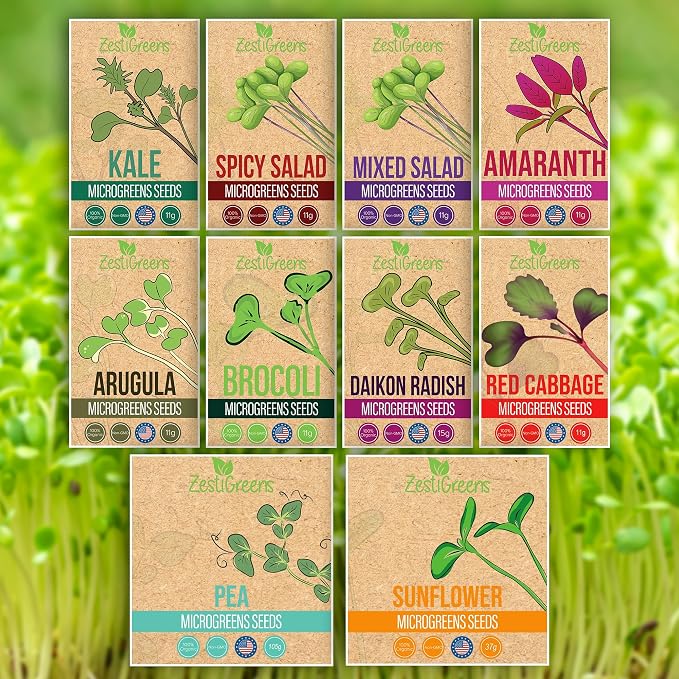 10 Variety Pack Microgreens Seeds - Broccoli, Sunflower, Pea, Salad Mix, Daikon Radish, Kale, Amaranth, Spicy Salad, Red Cabbage, & Arugula. Grow Your own Microgreens with These Organic Seeds.