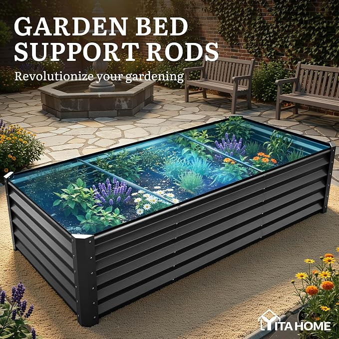 YITAHOME 8x4x1.5ft Galvanized Raised Garden Bed, Metal Planter Box with Safety Rubber, Gloves, Outdoor Flower Bed for Planting Plants Vegetables, Black