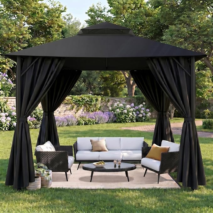 COBIZI 10x10 Gazebo with Double Roof & Mosquito Netting Outdoor Heavy-Duty Party Tent, Patio Tent with Zipper Screens - Backyard Garden Lawn Shelter Includes Wind Ropes Expansion Bolts, Black
