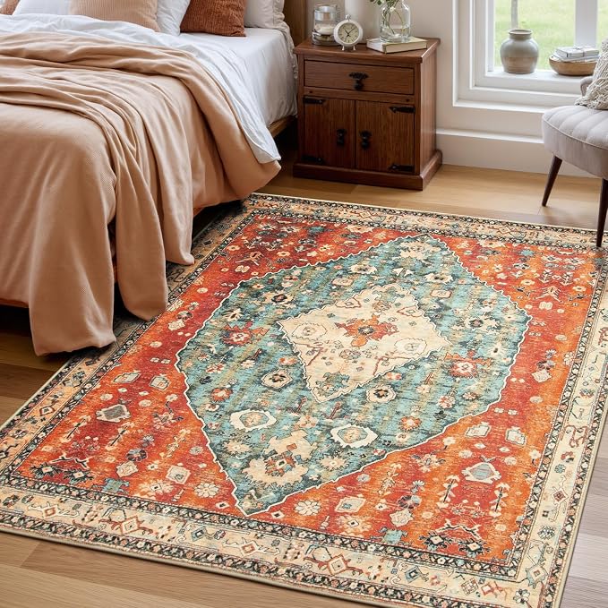 Lahome Felice Boho Tribal Square 6x6 Area Rug, Washable Rugs for Bedroom Aesthetic Soft Living Room Rugs, Oriental Non Slip Non-Shedding Indoor Accent Floor Carpet for Nursery Home Office