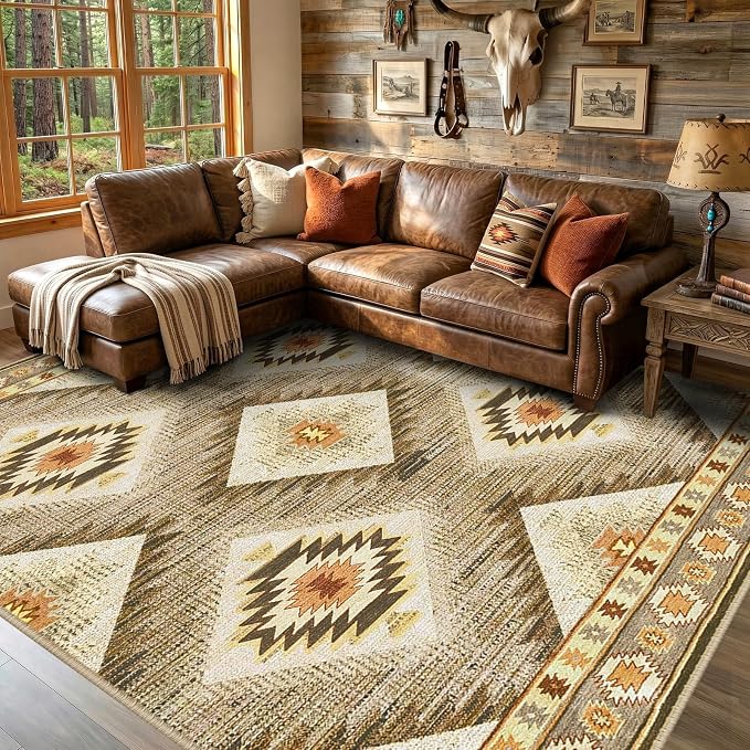 Area Rug 9x12 Machine Washable Non-Slip Low Pile Print Pattern Western Rug for Living Room Bedroom Entryway Tribal Series - Cream/Camel | Soft Western No Slip Low Pile Print Foldable Indoor for Kitchen Dining Room