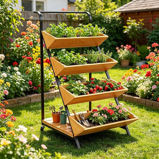 4-Tier Vertical Raised Garden Beds Indoor Outdoor Freestanding Tiered Planter Box with Metal Frame & Wheels for Herbs Vegetables Fruits Wooden Flower Display Stand for Patio, Balcony & Yard (Wood6)