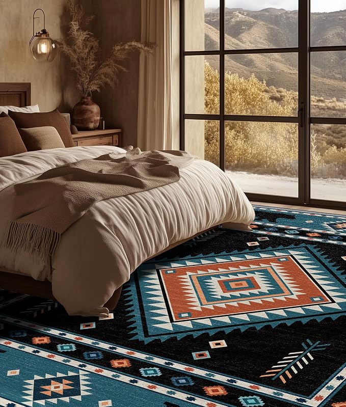 Native Amrican Rug 2x3 - Southwestern Bear Cabin Area Rugs for Entryway, Rustic Geometric Machine Washable | Non-Slip | Low Pile Small Carpets, Southwest Home Decor (Teal Orange Black)