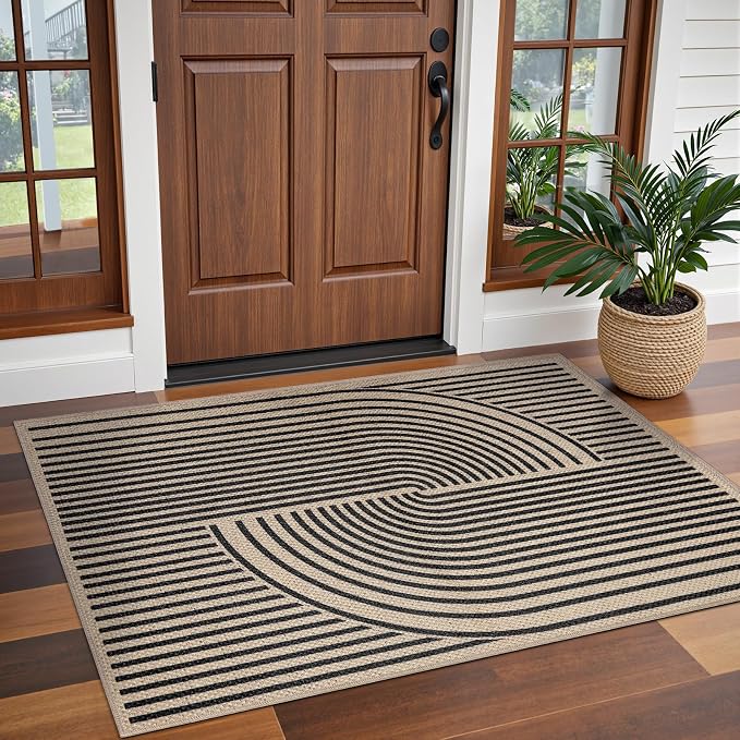 Tangsoo Easy Jute 3x5 Outdoor Rug for Living Room,Non-Slip Thin Black Rainbow Indoor Area Rug,Washable Boho Farmhouse Carpet for Front Porch Bedroom Patio Office Entryway Balcony