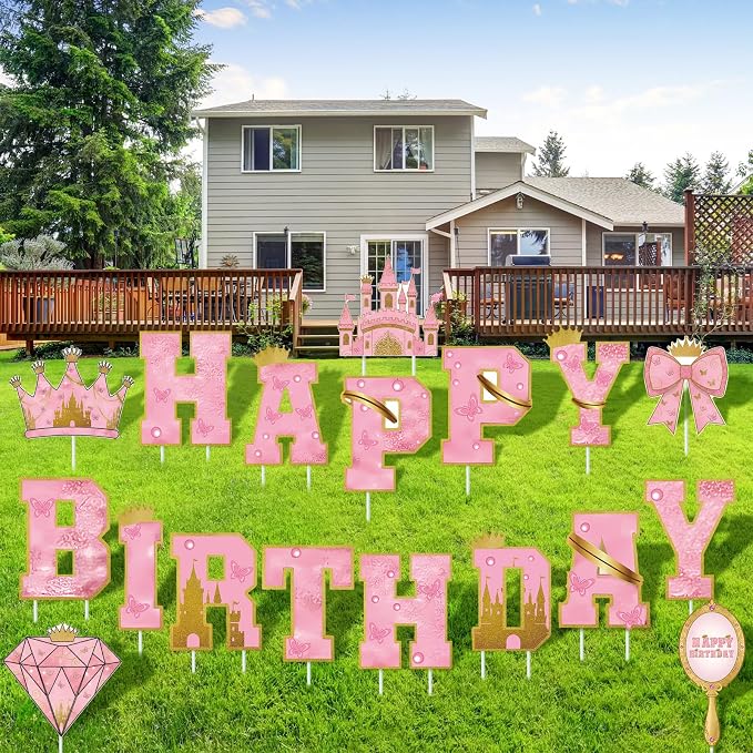 Menkxi 18 Pcs Happy Birthday Yard Signs with Stakes Decorations Themed Party Decorations Ball Birthday Outdoor Lawn Signs for Outdoor Sport Party Supplies (Pink)