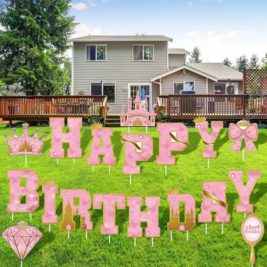 Menkxi 18 Pcs Happy Birthday Yard Signs with Stakes Decorations Themed Party Decorations Ball Birthday Outdoor Lawn Signs for Outdoor Sport Party Supplies (Pink)