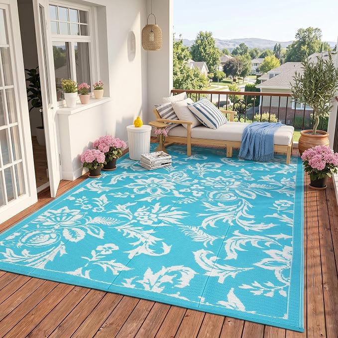 IDEALHOUSE Waterproof Outdoor Rug 9x12 for Patio, Foldable Reversible Area Rug, Large Plastic Straw Mat for Camping, RV, Porch, Backyard, Picnic, Beach, Light Blue & White
