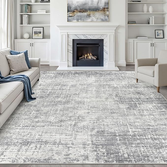 LOONGRUG 7x9 Area Rug Washable Neutral Modern Rug for Living Room Grey | Abstract Soft Stain Resistant Indoor Non-Slip Carpet for Bedroom Nursery Kids Office Playroom Dining Room