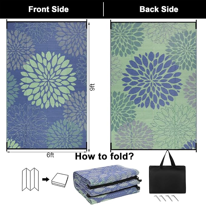 Ileading Waterproof Outdoor Rug 6x9, Reversible Plastic Straw Patio Rug, Portable Indoor Outdoor RV Camping Mat Carpet for Deck, Porch, Balcony, Backyard, Picnic, Floral Navy Blue