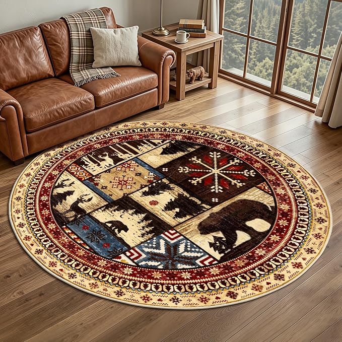 LOKHOM 5ft Round Area Rugs for Bedroom, Washable Western Western Bear Rug | Bear Pattern, Non-Slip, Low Pile, Soft Floor Carpet, Vintage Wildlife Accent, For Living Room Bedroom Entryway Nursery