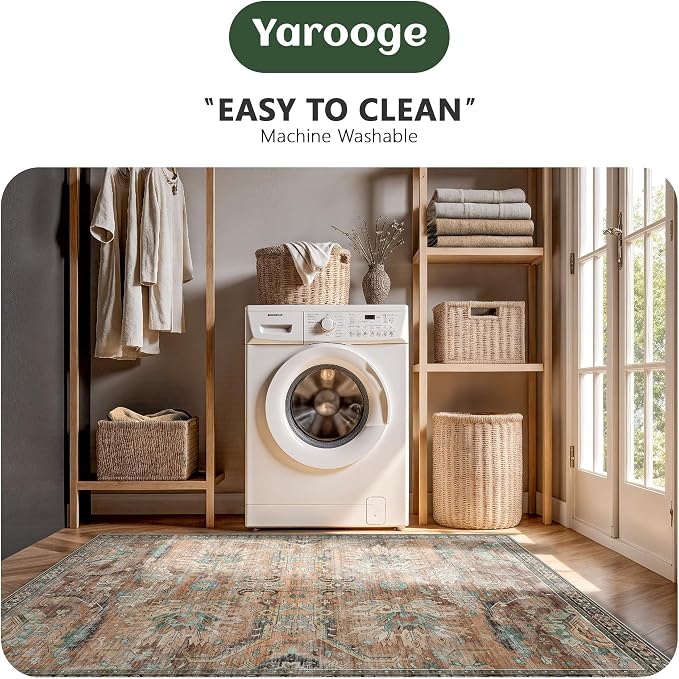 5x7 Area Rugs, Vintage Retro Soft Washable Rug, Non-Slip Low Pile Rugs for Living Room, Bedroom, Dining Room, Stain Resistant Home Decor Rug (Vintage Orange/Brick)