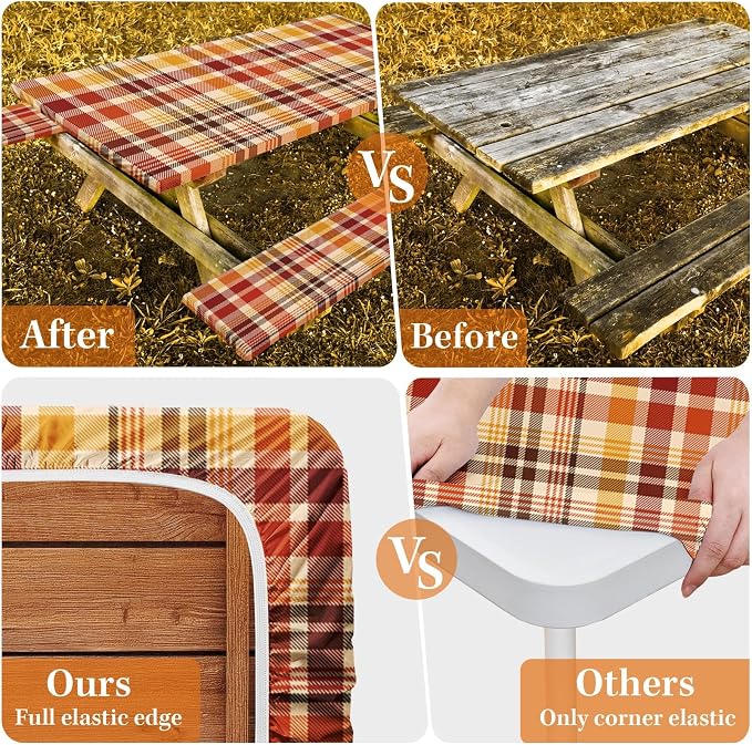 Picnic Table Cover with Bench Covers Elastic Edges, Fall Autumn Fitted Table Cover, Outdoor Patio Camping Essentials 72 Inch 3PCS, Waterproof Camping Fitted Tablecloth with Drawstring Bag