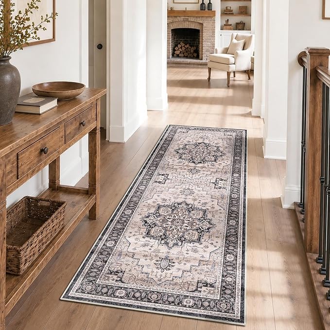 2x6 Vintage Runner Rug Low Pile Non-Slip Washable Hallway Rug | Retro Distressed Print Rug Non-Shedding Soft Washable Carpet Stain Resistant Runner for Hallway Kitchen Bedroom Laundry Room