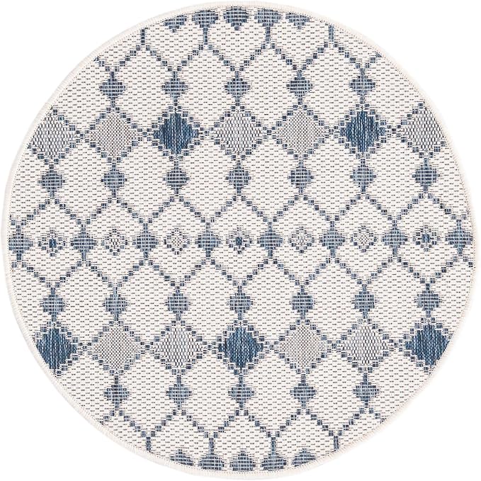 Unique Loom Outdoor Trellis Collection Area Rug - Traliccio (3' Round, Ivory/ Navy Blue)