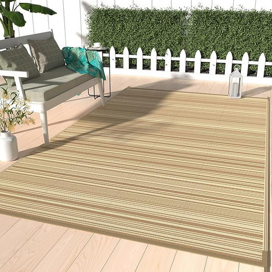 GENIMO Outdoor Rug for Patio Clearance, 6'x9' Reversible Plastic Straw Rugs, Lightweight Waterproof RV Camping Mat for Camper, Balcony, Deck, Backyard, Picnic, CoffeeBeige