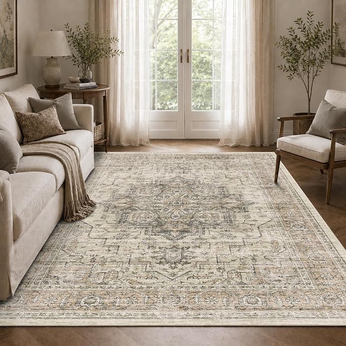 5x7 Area Rug for Living Room Soft Washable Vintage Area Rug | Non-Slip, Retro Print, Low Pile, Stain Resistant, Soft Washable Taupe Carpet, for Bedroom, Dining Room, Nursery, Home Office