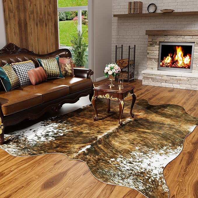 AROGAN Faux Cowhide Rug, Cow Print Large Animal Rug, 6x7.2 Ft Saddle Brown | Premium Cow Hide Carpet, Western Rug for Bedroom Living Room Decor, Durable Faux Cow Skin Cowhide Area Rug