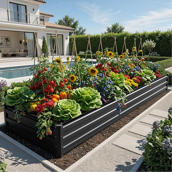 YITAHOME 2pcs 12x4x1ft Galvanized Raised Garden Bed, Metal Planter Box with Safety Rubber, Gloves, Outdoor Flower Bed for Planting Plants Vegetables, Black