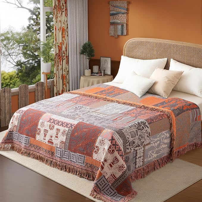Phuryllic Boho Throw Blanket Twin Size, Soft Cozy Cotton Muslin Quilt Blanket for Bed Decor, Patchwork Block Couch Sofa Chair Cover, Vintage Farmhouse Cottage Tapestry Woven Blanket, Red&Orange