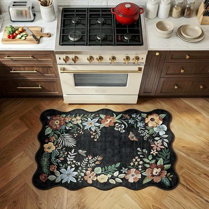 FMFUNCTEX 2x3 Washable Black Floral Vintage Flower Colorful Entryway Rug | Vintage Traditional Door Mat Non Slip Low Pile Boho Indoor Soft Patterned Small Throw Rugs Entry Way Entrance Kitchen Laundry